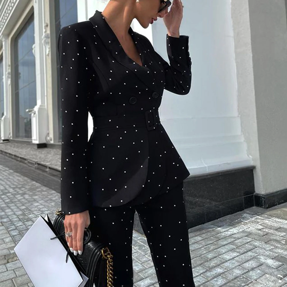 Women Chic Blazer Pants Suit Ladies Set Long Sleeve Polka Dots Blazer Coat With Belt Long Blazer Pants Lady Outerwear Tracksuit chic women s two 2 piece set 2023 new in summer outfits short blazer flare pants suit street tracksuit office lady pant sets