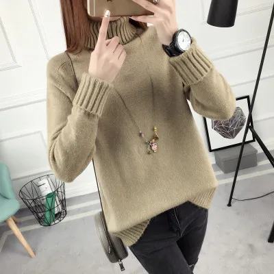 Модный осенне-зимний толстый женский свитер-пуловер с длинными рукавами, повседневный теплый базовый свитер с высоким воротом, Женский вязаный Топ - Цвет: Khaki