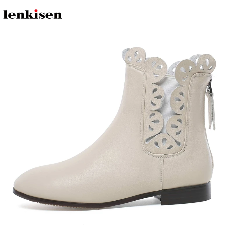 

Lenkisen carved Chelsea boots genuine leather low heels round toe zip sweet lady campus winter keep warm women ankle boots L09