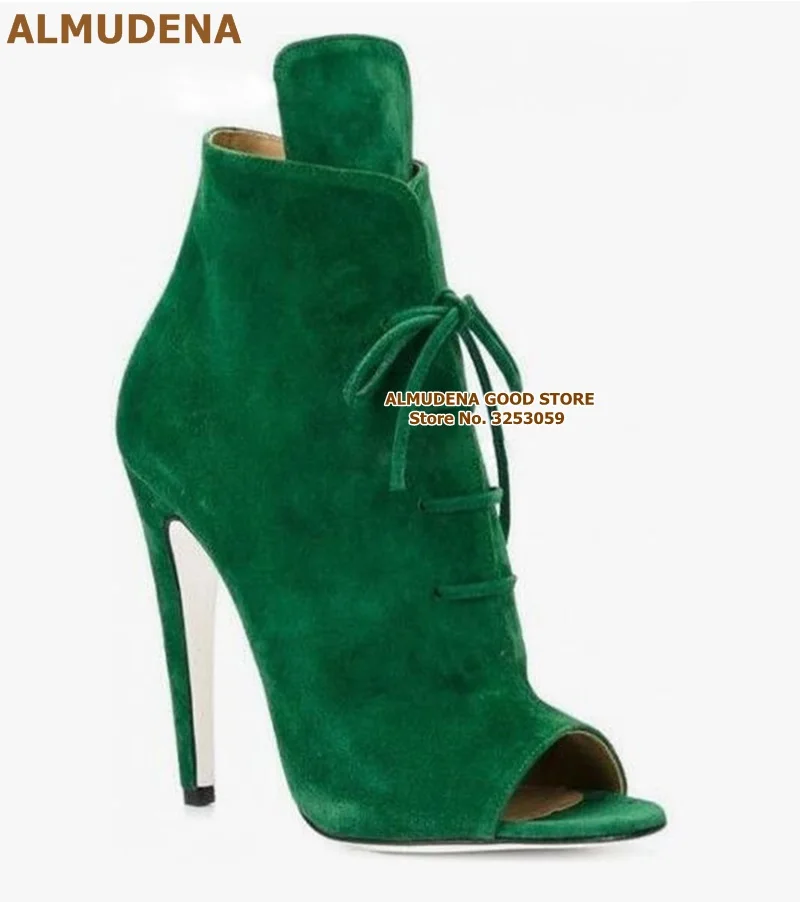 ALMUDENA/зеленые замшевые ботильоны на шпильке; обувь в гладиаторском стиле со шнуровкой и открытым носком; большие размеры 47; модельные туфли; короткие ботинки в байкерском стиле - Цвет: green as picture
