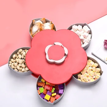 

PHFU-Creative Petal Rotating Fruit Container Food Melon Seeds Snacks Nut Candy Storage Boxes Plastic Fruit Plate Kitchen Organiz