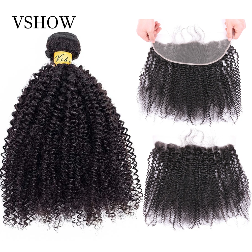 

VSHOW Malaysian Afro Kinky Curly Hair Weave Bundles Natural Color 100% Remy Human Hair 3/4 Bundles With Frontal Closure