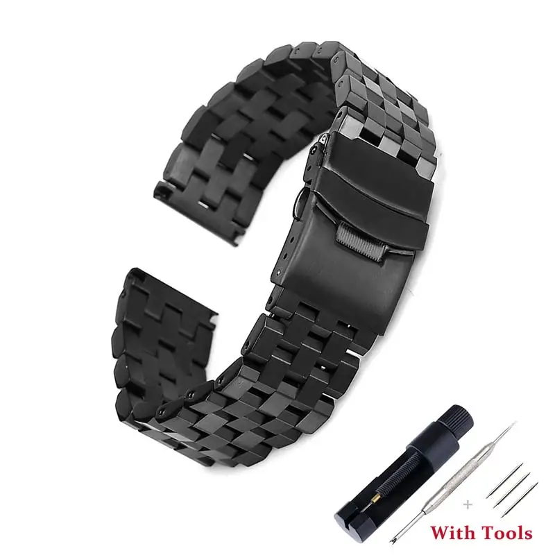 Solid Stainless Steel Watchband for Men - Business Watch Accessory with Double Lock Buckle Strap