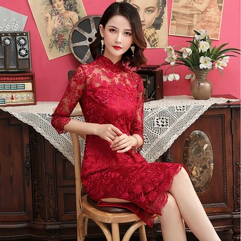 

Lace Perspective Female Sexy Cheongsam Large Size 3XL Vestidso Redqipao Mandarin Collar Half Sleeve Hollow Out Chinese Dresses