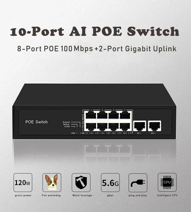 10 портовый POE коммутатор 8 100M + 2 Гигабитного Uplinks с внутренней мощностью 120 Вт VLAN 250m