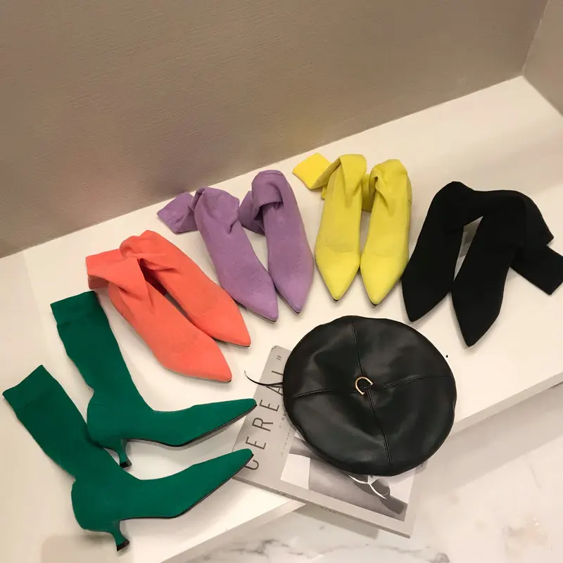 HTUUA Women Boots Candy Color Spring Autumn Stretch Socks Boots Female Pointed Toe Low Heels Knee-High Boots Ladies Shoes SX3494