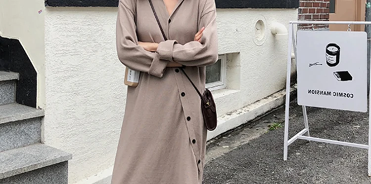 2021 Autumn Plus Size 4XL Women Dress Loose Long Sleeve Ladies Vestidos Khitted Design Button Dresses V-Neck Brand Robe KE1881