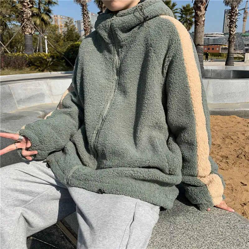 

Korean Thick Lamb Wool Jacket Men's Warm Fashion Retro Casual Hooded Coat Men Wild Loose Korean Winter Short Coat Mens Clothes