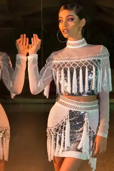 

2020ins hot star same paragraphClub net sequins fringed skirt two-piece