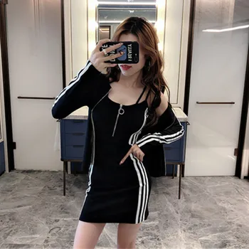 

Women Chic Cotton 2 Pieces Tracksuits New Zipper Cardigans Coat And Mini Short Sheath Bodycon Dress 2020 Summer Spring Set