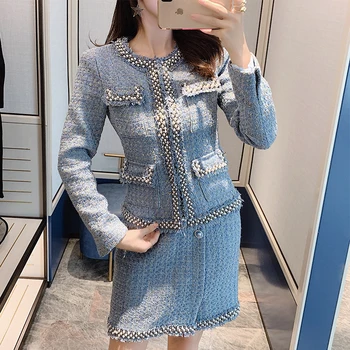 

High Quality Women 2 Piece Set Autumn Winter Tweed Office Ladies Runway Designer Jacket Coat Tops Fringe A Line Mini Skirt Suits