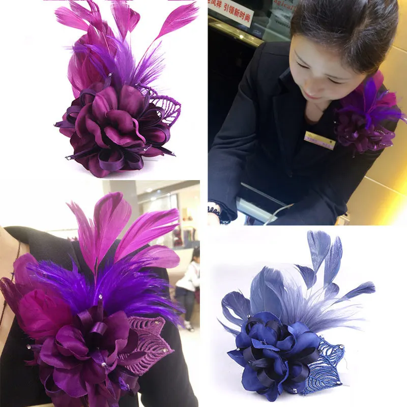 

Host Master of Ceremonies Wedding Feather Brooch Ruili Fashion Top Grade Handmade Fabric Large Flower Corsage Floral Headdress D