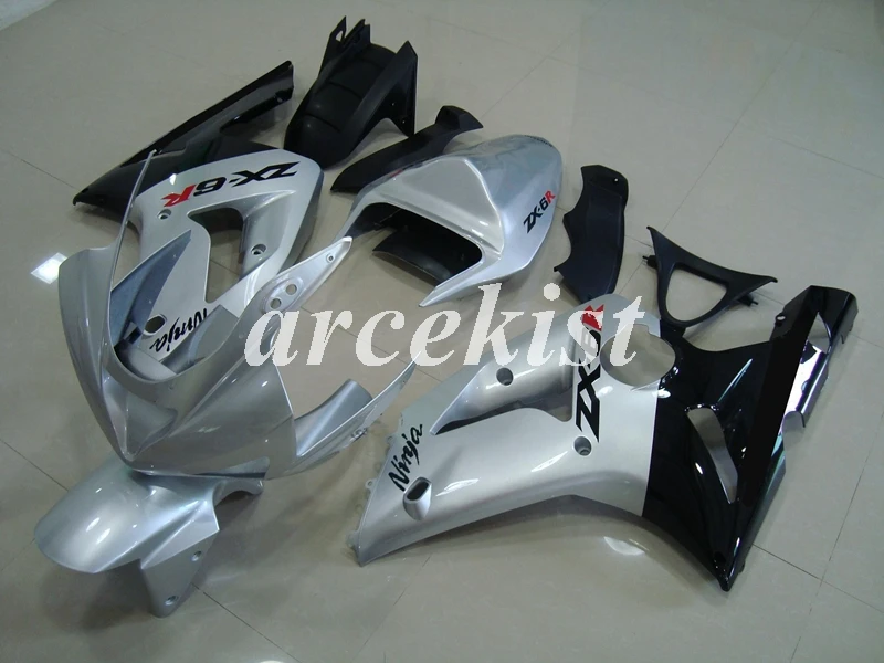 ABS мотоцикл обтекатели комплект подходит для kawasaki Ninja ZX6R 636 2003 2004 6R 03 04 ZX-6R комплект на заказ Белый Черный - Цвет: silver