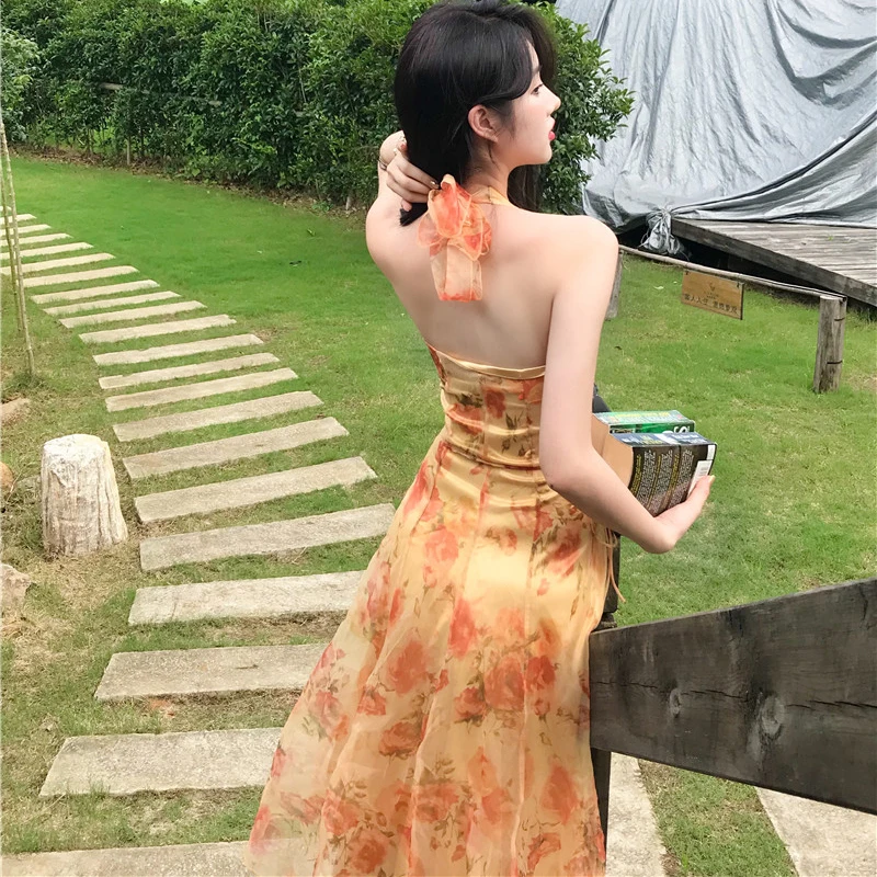 Women Midi Floral Halter Slip Dress Summer 2021 Vintage Painting Flowers Backless Casual Party Night Vacation Runway Vestidos