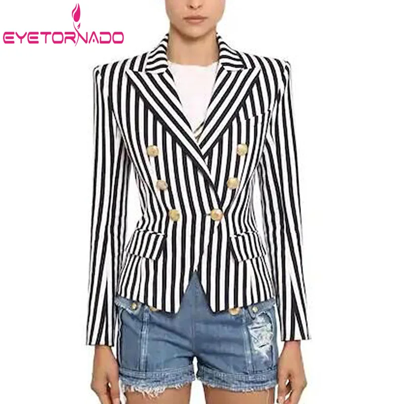 

Women's Autumn Suit Jacket Double Breasted Slim Short Work Office Blazer Striped Print Metal Buttons Classic Slim Suit