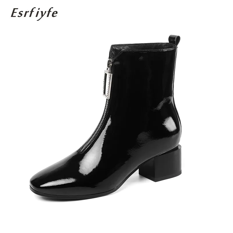 

ESRFIYFE 2020 New Front Zipper Ankle Boots for Women Fashion Genuine Leather Square Toe Thick High Heels Short Boots Botas Mujer