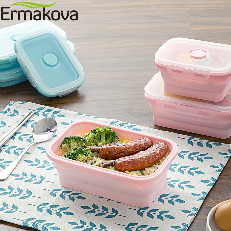 Silicone Heat-Resistant Folding Food Storage Container Box Collapsible Lunch Box Bento with Airtight Plastic Lid kitchen storage box food storage container food storage box