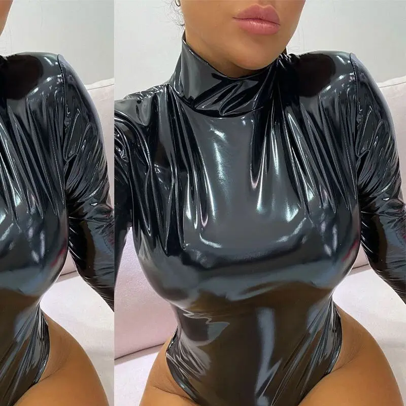NORMVO Sexy PU Bright Leather Bodysuit Women Long Sleeve Turtleneck Slim Elastic Bodysuits Rompers Female Zipper Black Bodysuits NORMVO Sexy PU Bright Leather Bodysuit Women Long Sleeve Turtleneck Slim Elastic Bodysuits Rompers Female Zipper Black Bodysuits