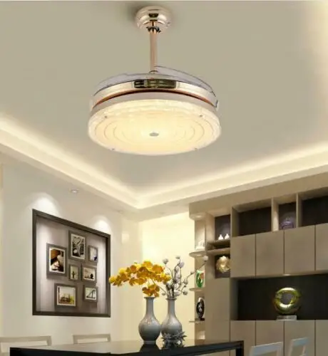 42" Led Invisible Ceiling Fans with Light Decorative Retractable Blade Modern Folding Fan Lamp Remote Control Hanging Lights Hom