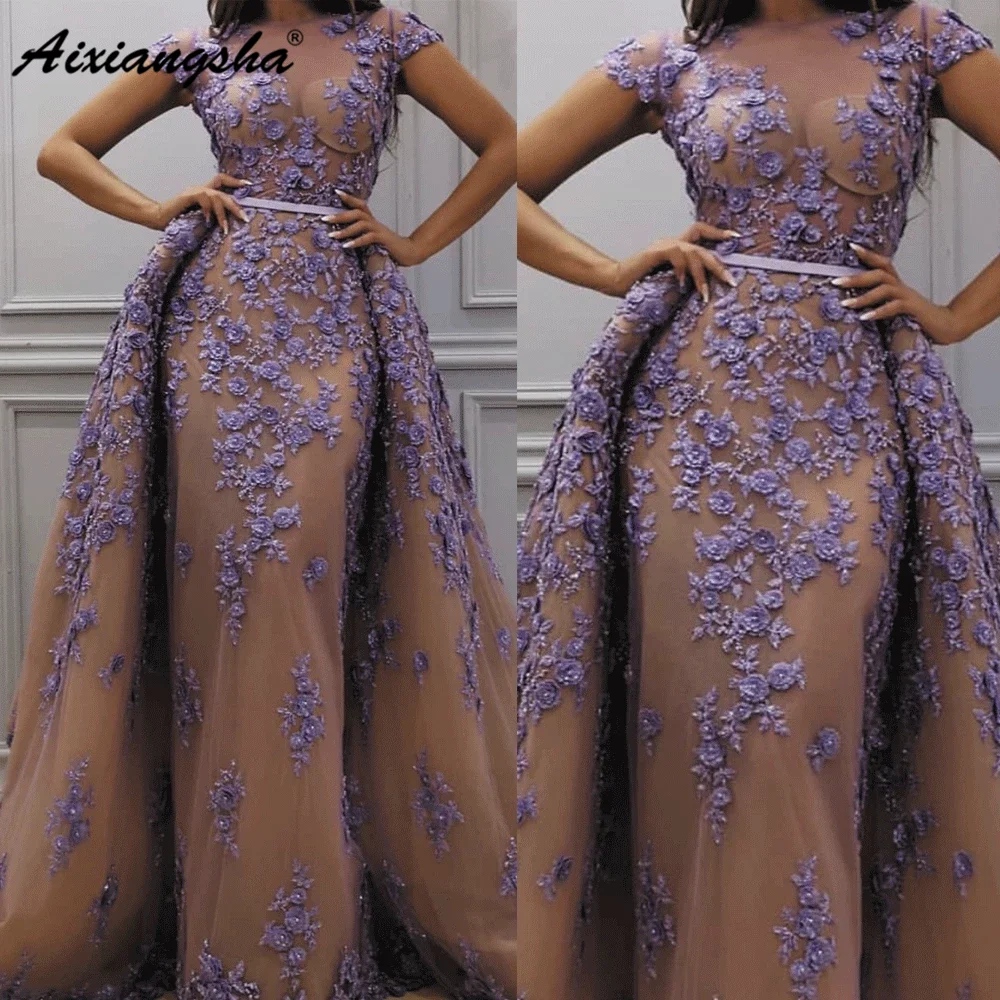 short sleeve evening dresses 2020 lace applique beaded purple detachable skirt elegant evening gown