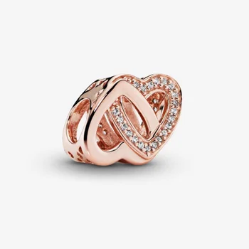 

JrSr 100% 925 Sterling Silver Openwork Double Heart Pendant Bead white Zircon Entwined Love Charm Fit Pandora Bracelet Jewellery