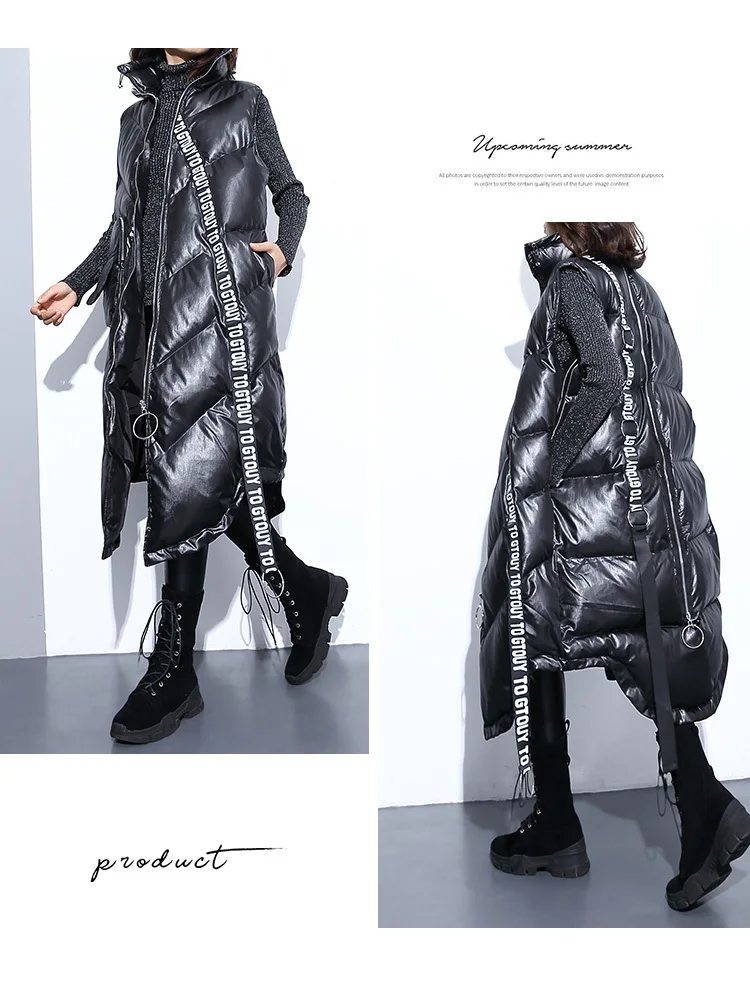 QIN MO, Черное Женское зимнее пальто,, женские парки без рукавов с буквенной лентой, женское необычное длинное пальто ZQY2112
