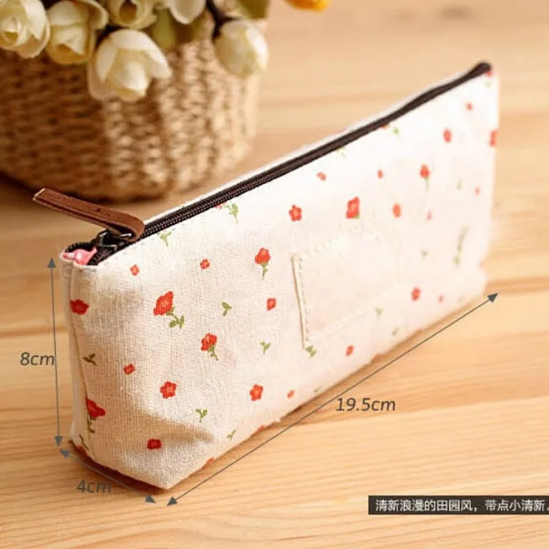 Pencil Case Cute Kawaii Floral Flower Canvas Zipper Pencil Cases Lovely Fabric Flower Tree Pen Bags School Supplies