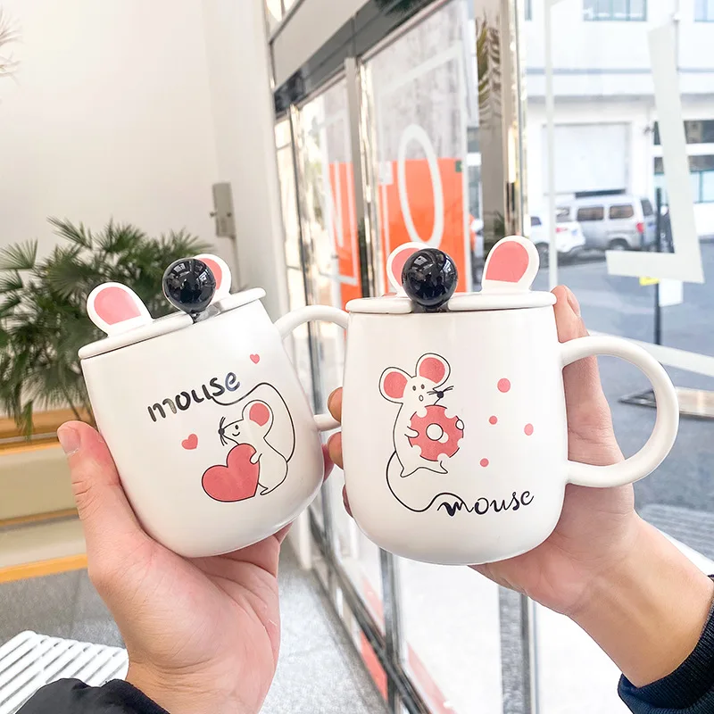 Waliicorners Creative cartoon cute rat mug with spoon lid cute ceramic cup juice cup office and home tea cup Waliicorners coffee cup Drinkware 8 12852615563_25225466