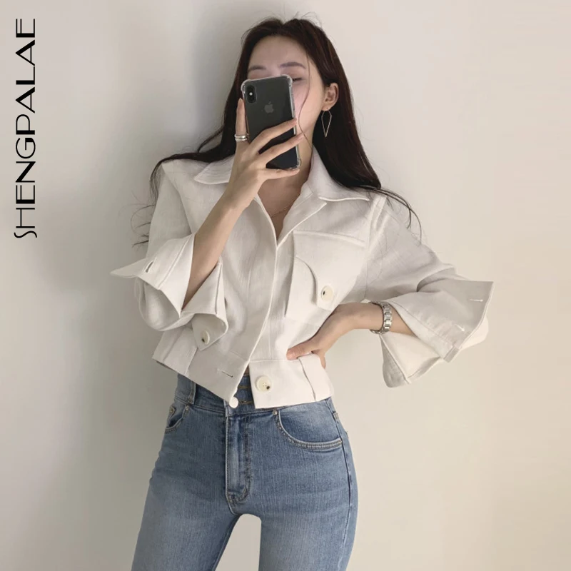 

SHENGPALAE 2019 New Autumn Turn-down Collar Long Sleeve Solid Color Women Jaclets Short Fund Vintage Female Coat Tide FT140