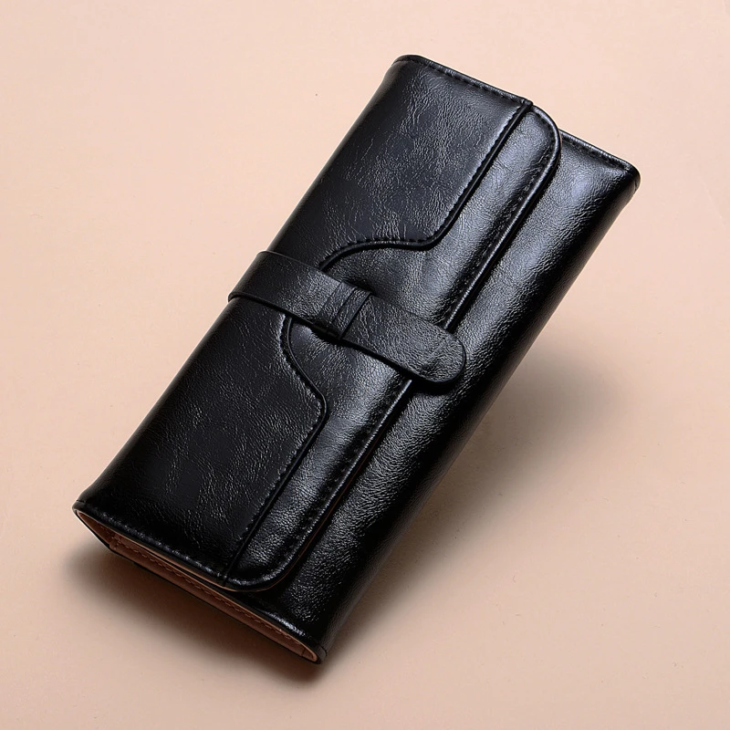 

Women Long Wallet Fashion Vintage Oil Wax Leather Money Purse Fold Hasp Phone Bag Ladies Clutch Card Holder Retro Women's Wallet
