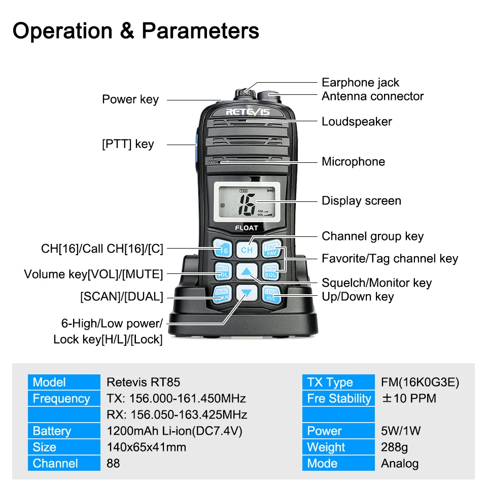 RETEVIS VHF Marine Radio RT55 Professional Float Walkie Talkie Waterproof Two-way Radio NOAA Weather Alert 5W Marine VHF Radio
