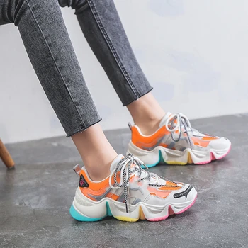 

Women Chunky Sneakers Designers Mixed Colors Lace Up Old Dad Shoes Fashion Platform Female Sports Casual Shoes Woman 2020