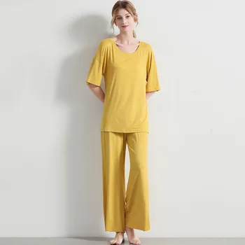 

Casual Pajamas Set Women Knitted Loose Thin T Shirt Top Short Sleeve Wide Leg Pants Home Sleepwear Suit 2020 Spring and Summer