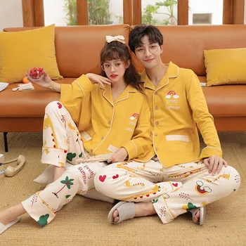 

Fall/winter Lapel Cardigan Couple High-quality Cotton Long-sleeved Sweet Cartoon Sleepwear Women Simple Casual Pajamas Suit Male