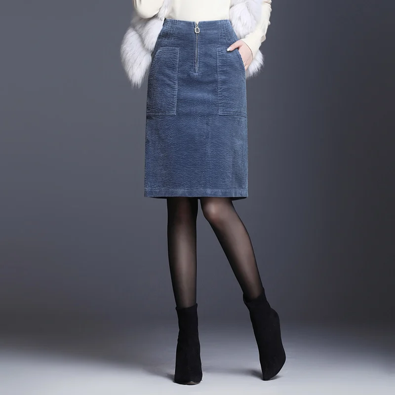 Осенне-зимняя повседневная женская Вельветовая юбка с высокой талией и длиной до колена черного и синего цвета, женские Облегающие юбки 4xl