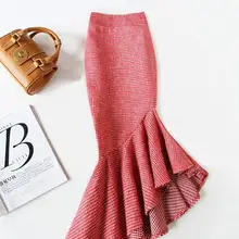 Размера плюс 4XL! нерегулярная юбка рыбий хвост Высокая талия Женская зимняя упаковка бедра красная Клетчатая Шерстяная Офисная Женская юбка TB3746