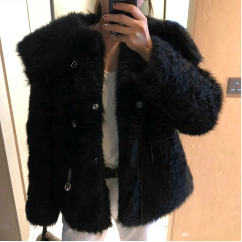 autumn winter lapel long sleeve solid patchwork single breasted thick casual loose coat women fashion tide D443