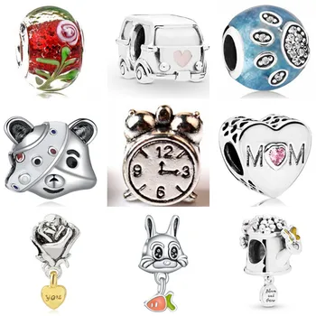 

New Fashion Big Wolf Clock Hearts Bear Paw Rabbit Enamel Beads Charms Fit Pandora Bracelets DIY Trinket for Women Accessories