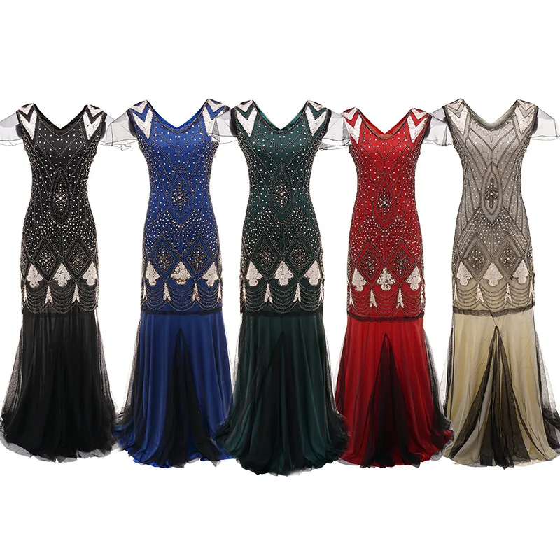 

1920s Hand-embroidered Sequin Elegant Dress Woman Party Night Long Dress Great Gatsby Floor Length Trumpet Maxi Gold Dress
