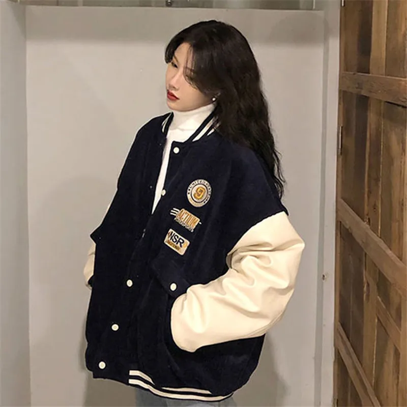 Contrasting Color Stitching Baseball Uniform Women Couple Students 2021 Spring Autumn New Retro Jacket Corduroy Coat Tide 31