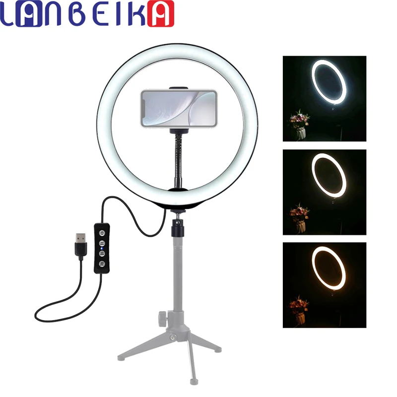 

LANBEIKA PU397 for Selfie Vlog Tik Tok Youtube Live Streaming 10 Inch 3200K-6500K Dimmable LED Video Ring Flash Light Phone Clip
