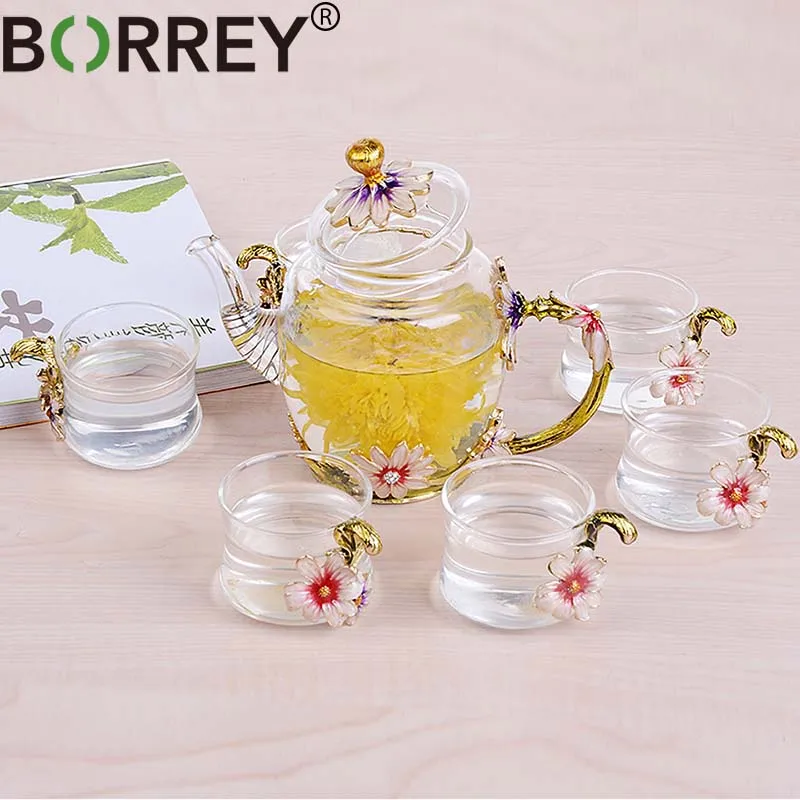 BORREY эмаль Хрустальный цветочный стеклянный чайный горшок кофейник чашка набор