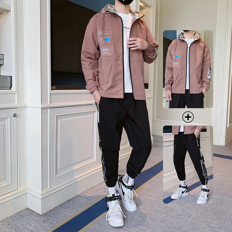

2019 Spring And Autumn Men Sports Casual Students Set Coat Capri Pants a Set of INS Trend MEN'S Wear Two-Piece Set
