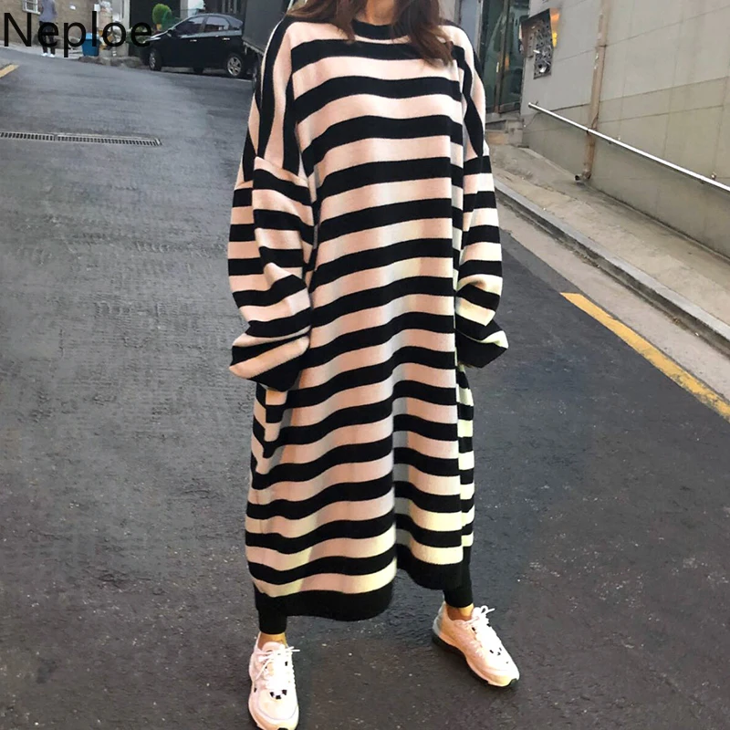 

Neploe Oversized Casual Stripe Long Knit Vestidos 2019 Autumn Winter O-neck Pullover Dress Korean Fashion Sweater Dresses 54779