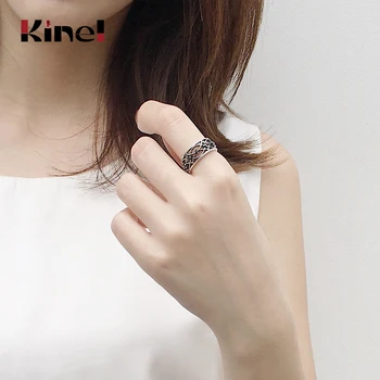 

Kinel New 925 Sterling Silver Retro Make Old Openwork Weaving Opening Rings for Women Punk Geometric Flower Pattern Jewelry