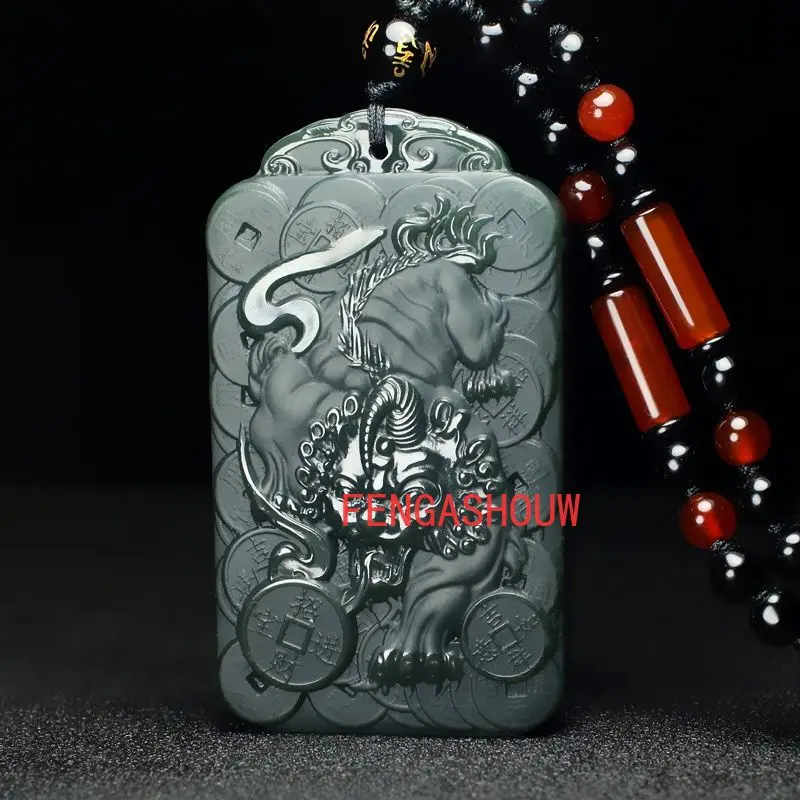 

Natural Hetian Jade Cyan Double-sided Engraving Pixiu Pendant Charm Jewellery Necklace for Women Men Fashion Accessies