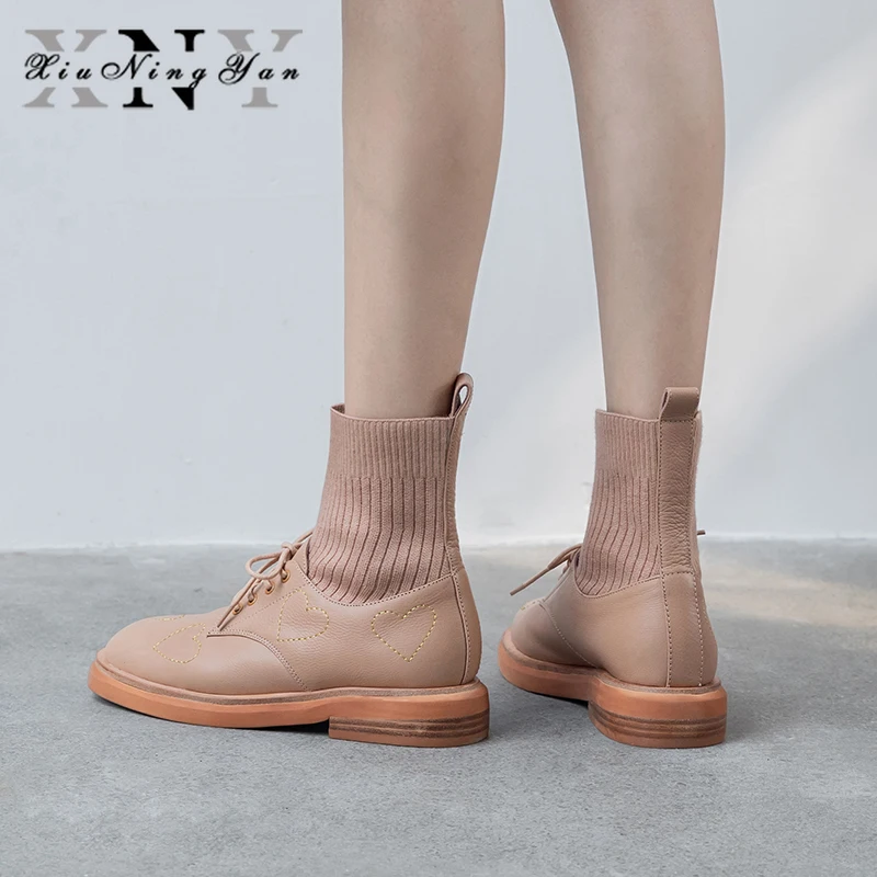Fashion Women's Casual Shoes Short Boots European American Style Soft Genuine Leather Heart-shaped Wool Mouth Boots Martin Boots