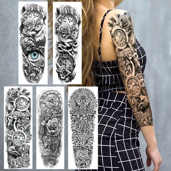 

Black Full Arm Fake Temporary Tattoos For Women Men Sketch Rose Clock Tattoo Sticker Waterproof Realistic 3D Eye Tatoos Body Art