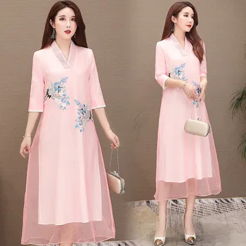 

Dress Women Set Chinese Vintage Retro Dresses Embroidery Boho Bohemian Mesh Embroidered Summer Casual Vacation Dress Clothes