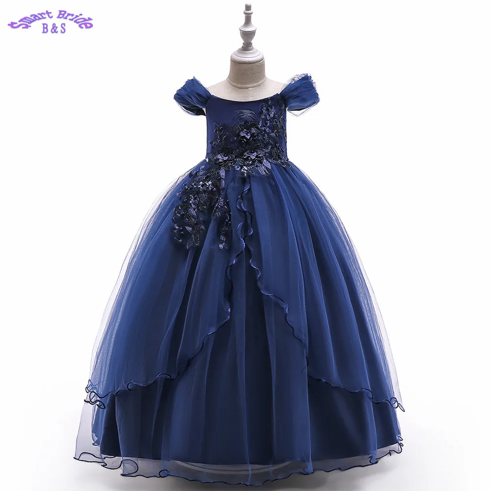 Navy Blue Длинное платье с цветочным узором для девочек; Новинка года; кружевное фатиновое платье с бусинами и жемчужинами; праздничное платье с цветочным узором для девочек; FG02 - Цвет: Navy Blue